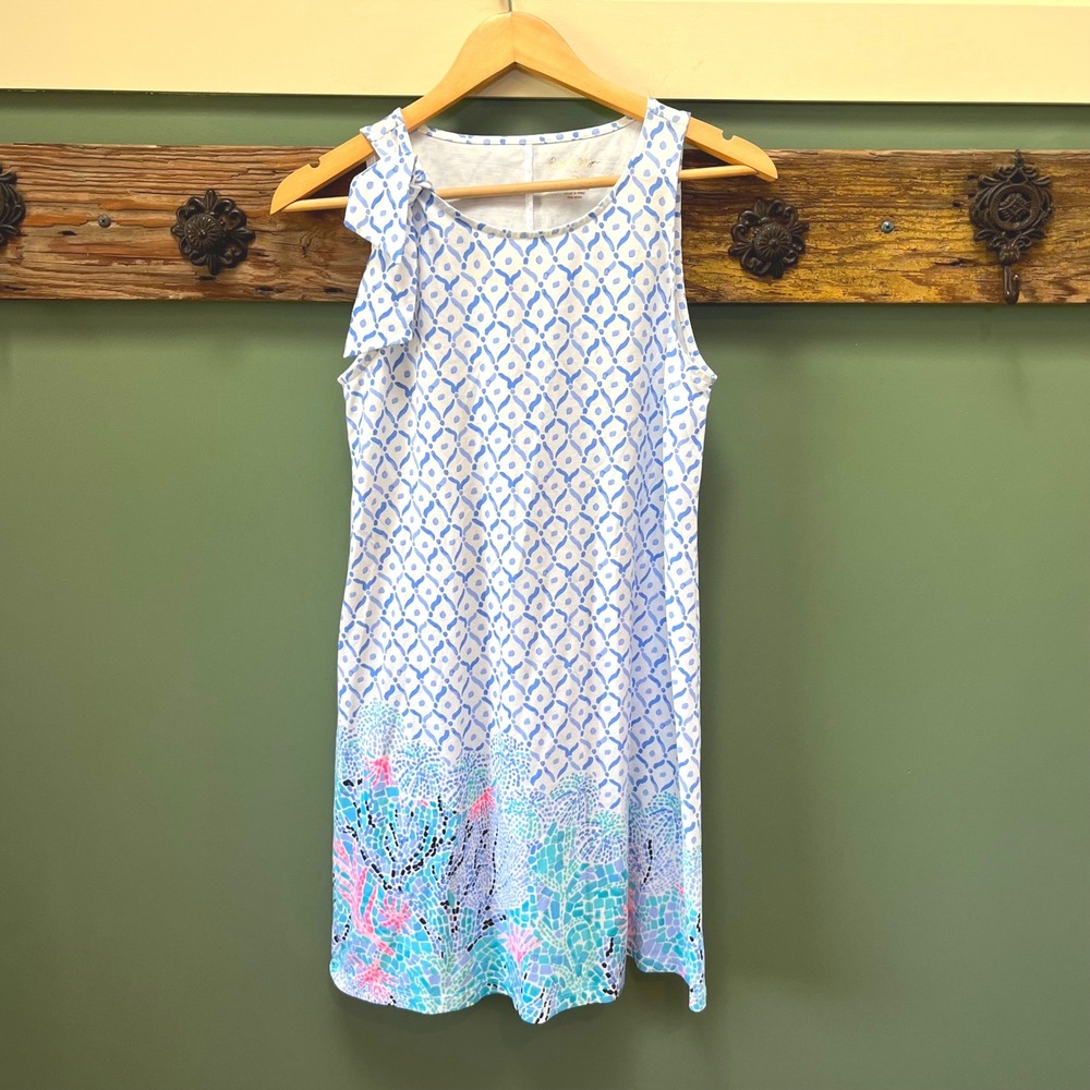 Lilly Pulitzer Luella‎ Pima Cotton Dress Blue White Geometric Coral Bow Small